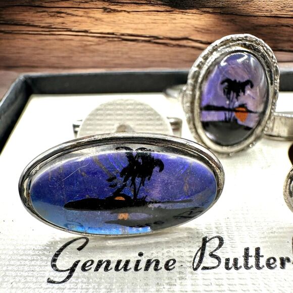 Vintage Hoffman Butterfly Wing Palm Tree Cufflinks & Child Ring Set w/ Box - Picture 2 of 5